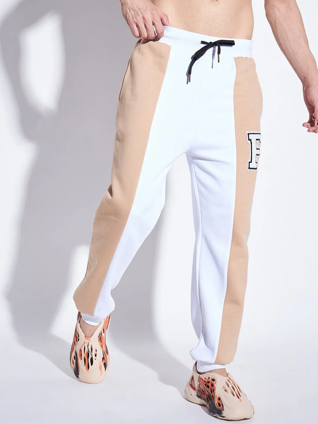 White & Beige Cut Sew Joggers