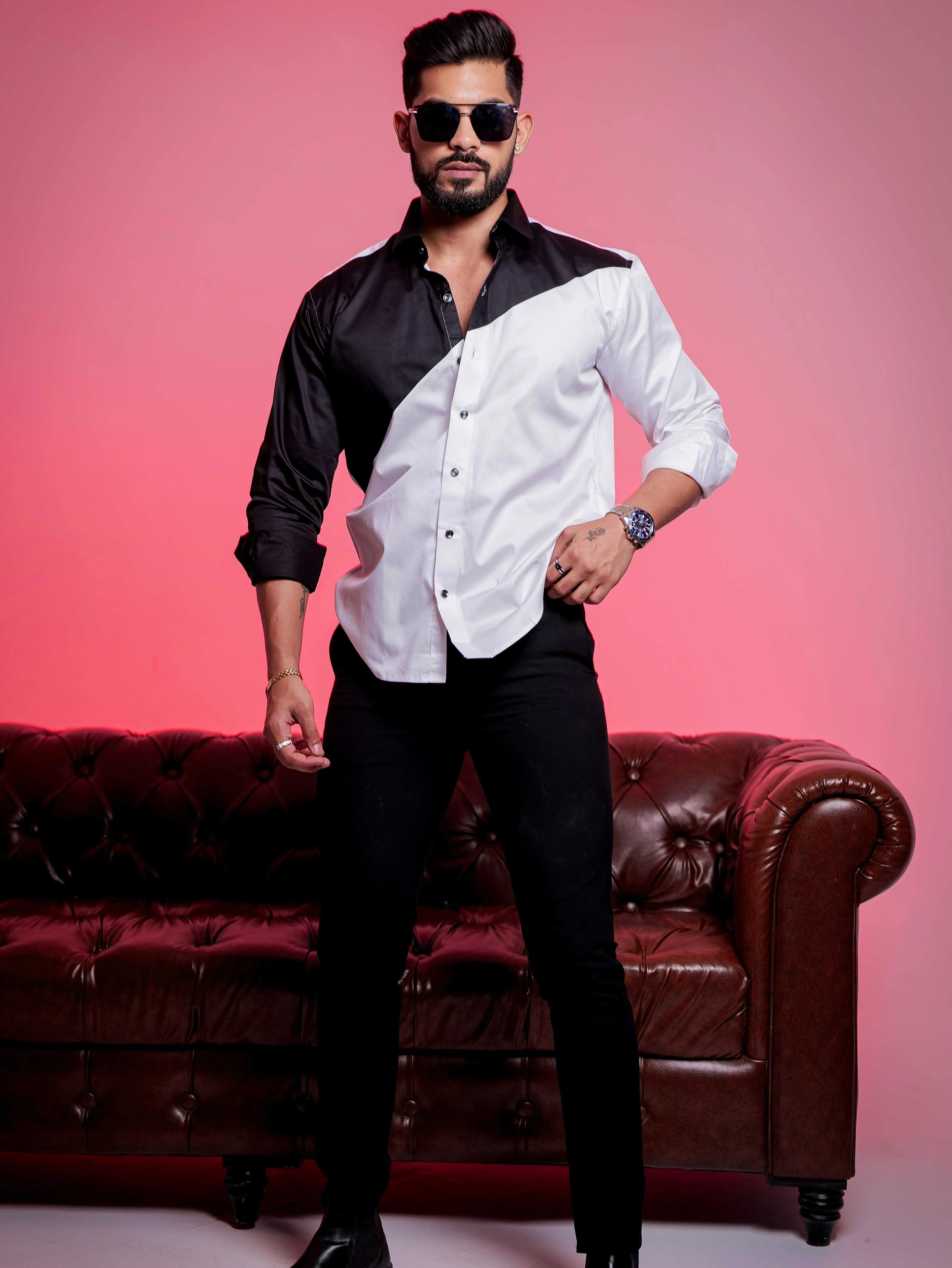 White And Black Designer Satin Cotton Shirt