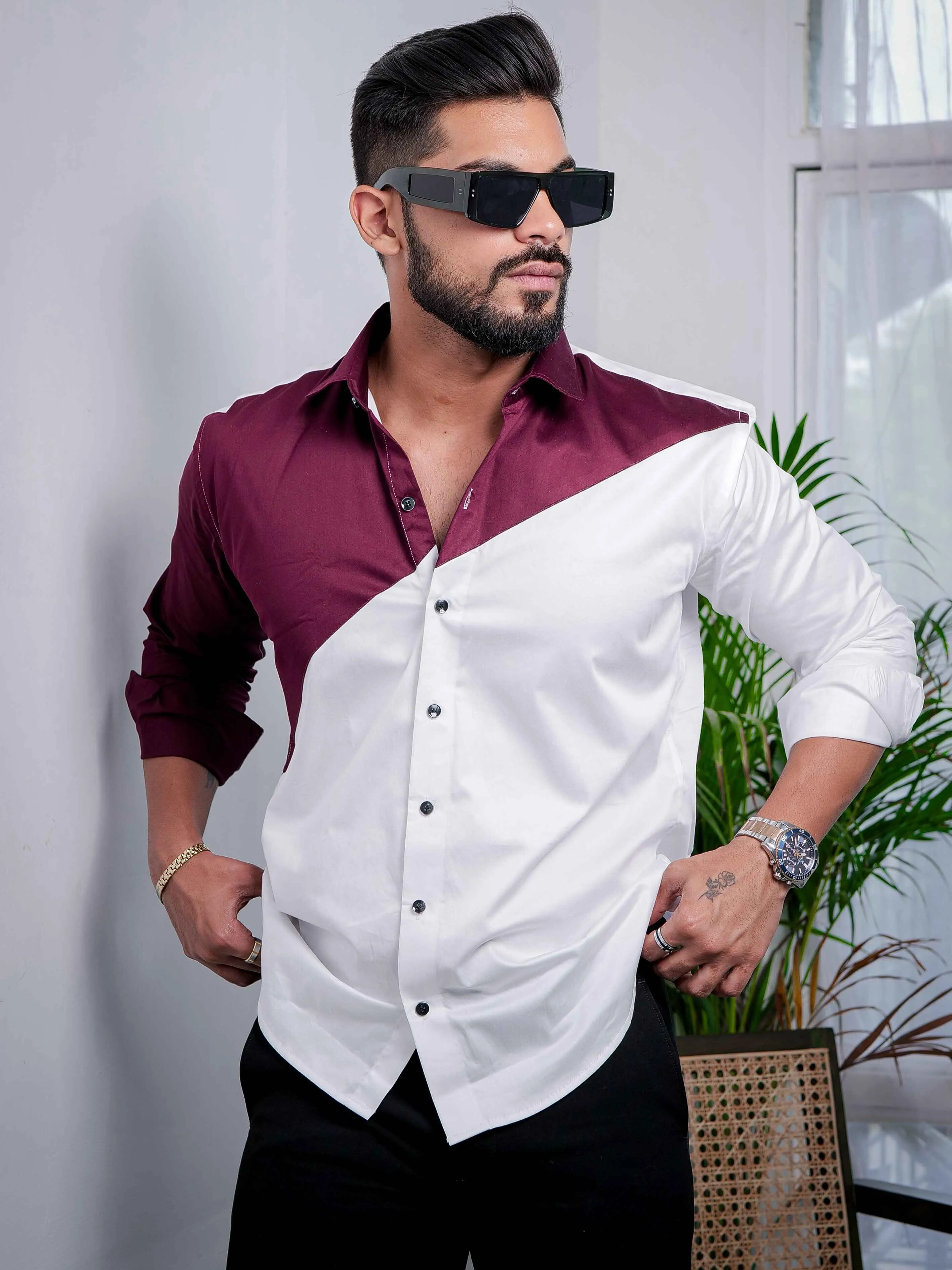 White And Maroon Designer Satin Cotton Shirt