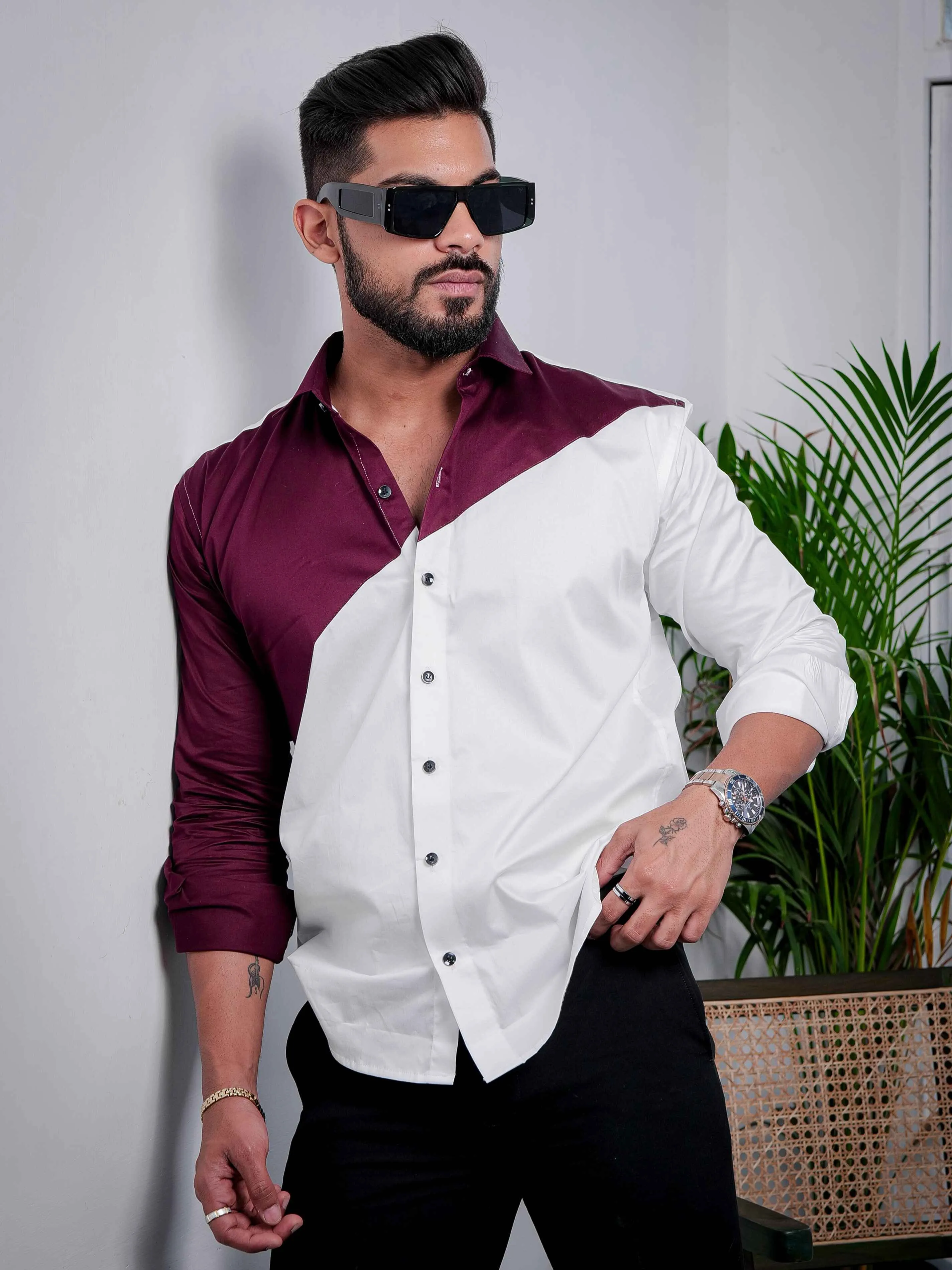 White And Maroon Designer Satin Cotton Shirt