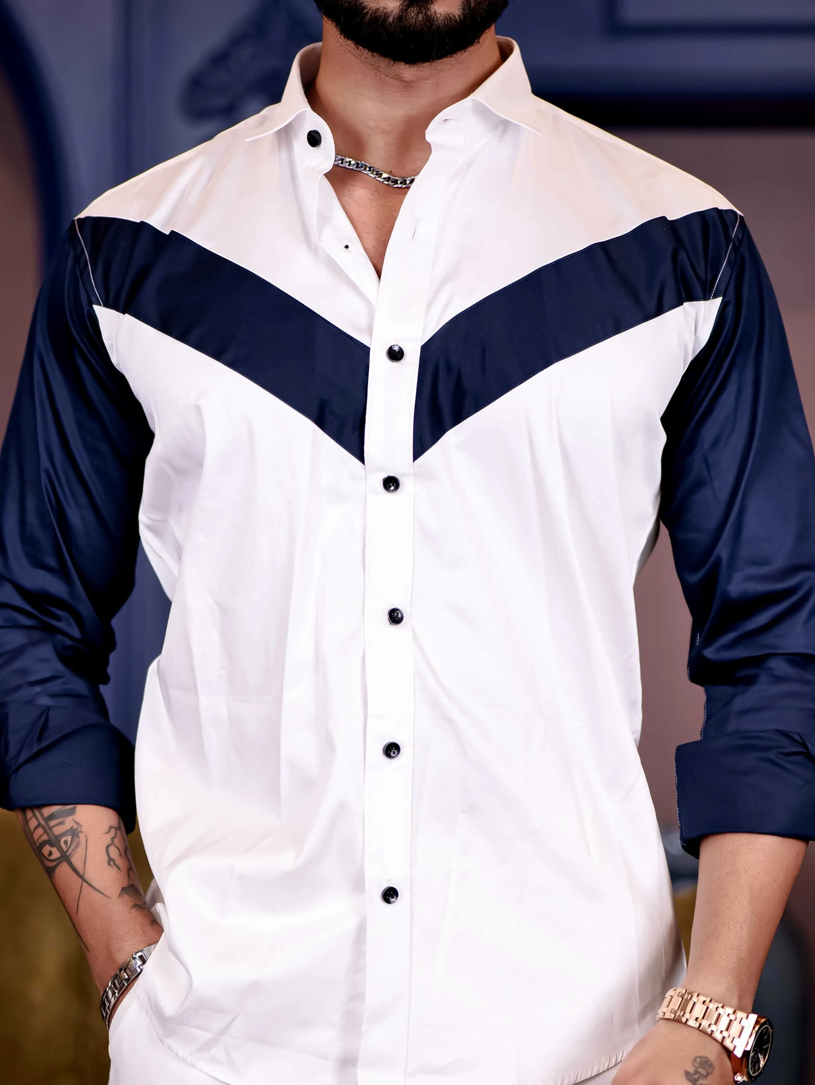 White and Navy Cut n sew Premium Cotton Shirt For Men