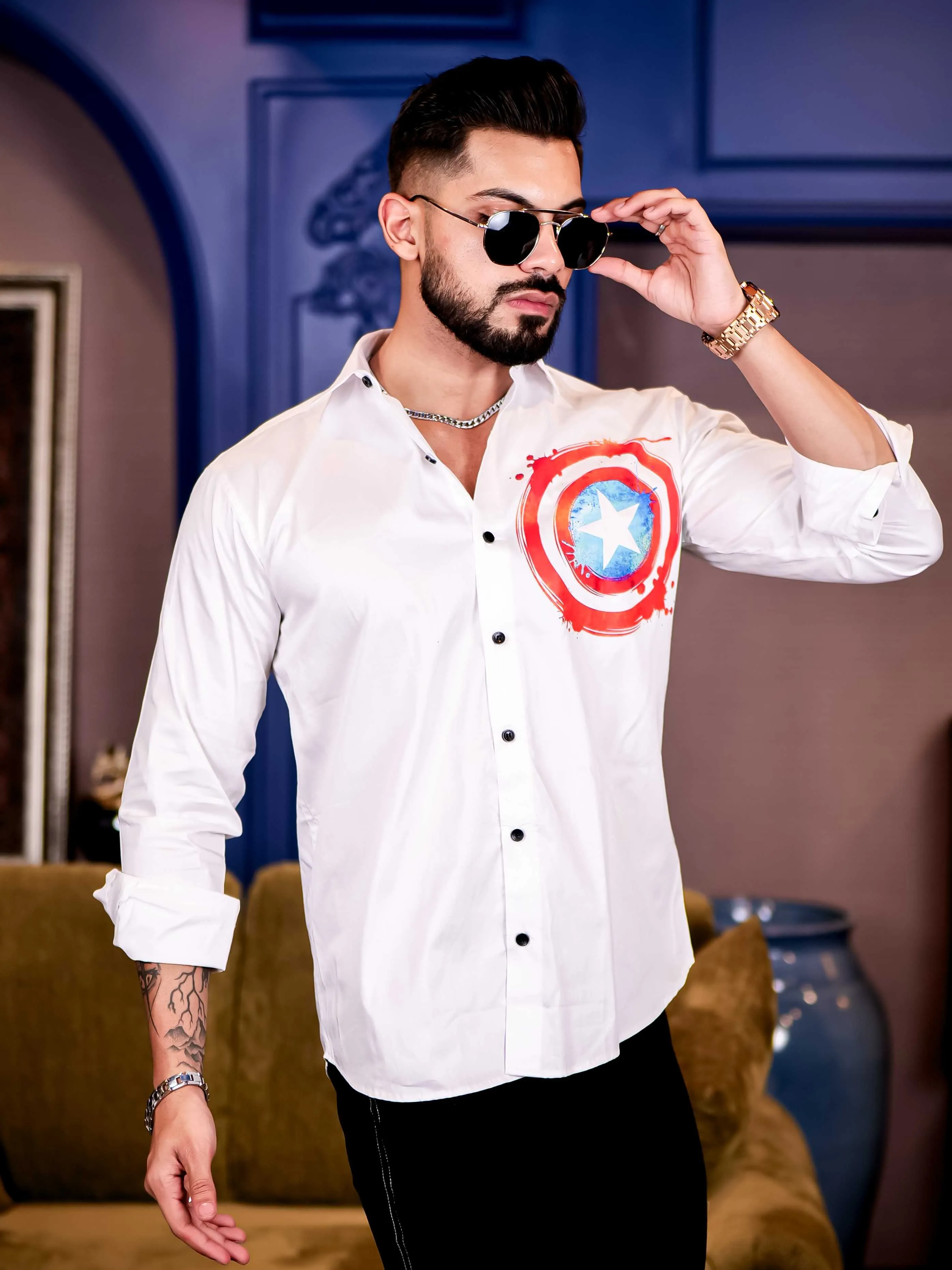 White Club Wear Shield Printed Satin Cotton Shirt