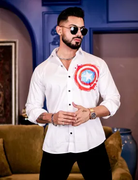 White Club Wear Shield Printed Satin Cotton Shirt