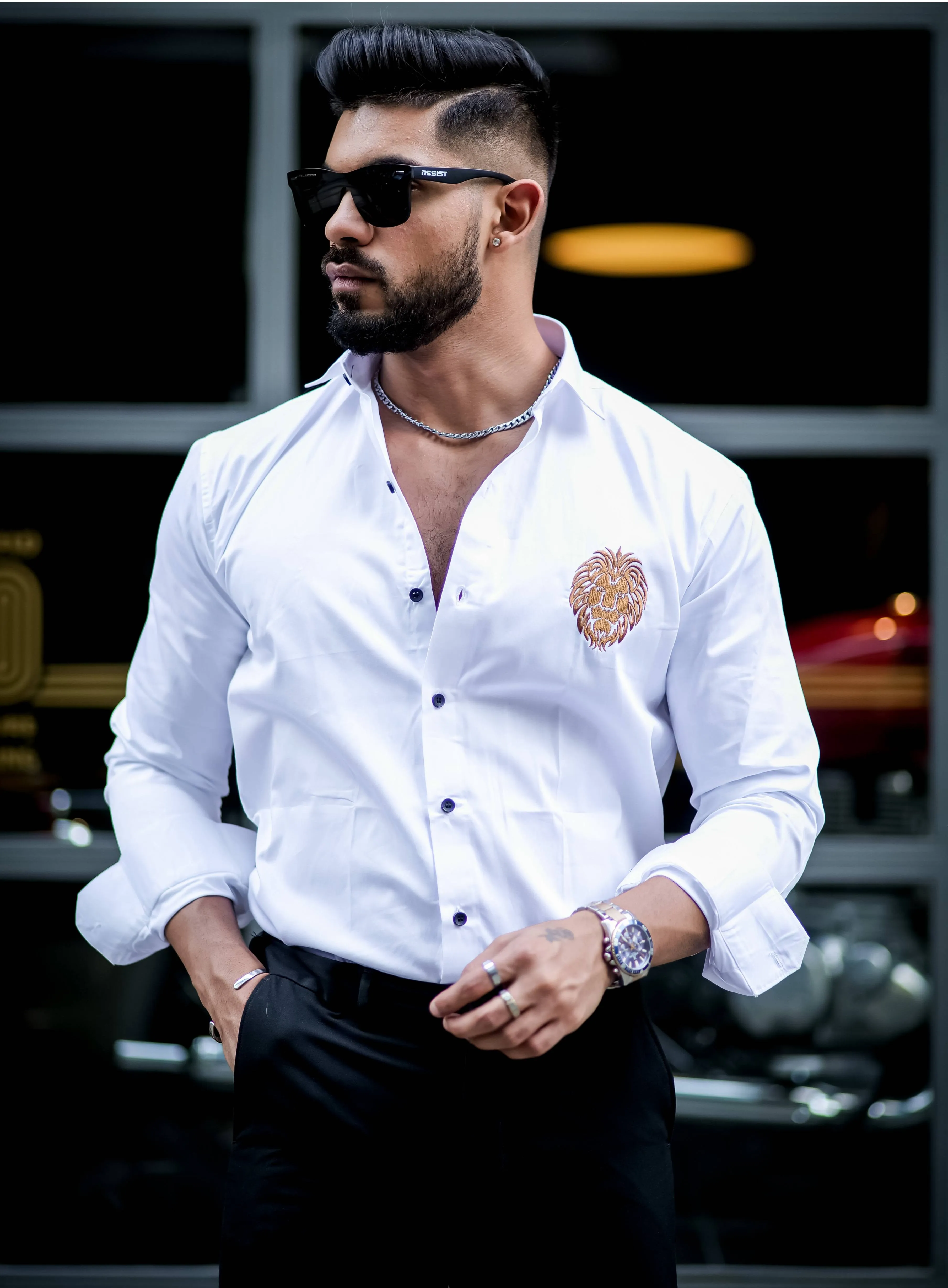 White Golden Embroidered Mufasa Luxury Shirt