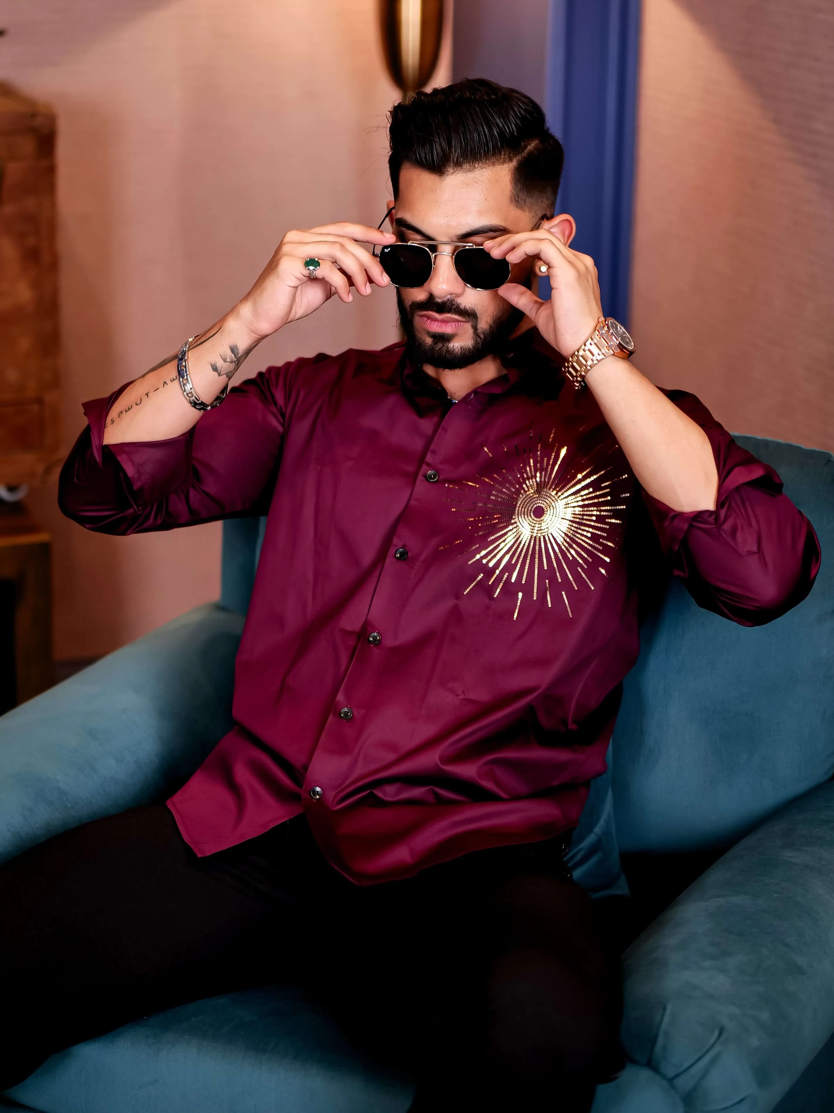 Wine Club Wear Sequence Printed Satin Cotton Shirt