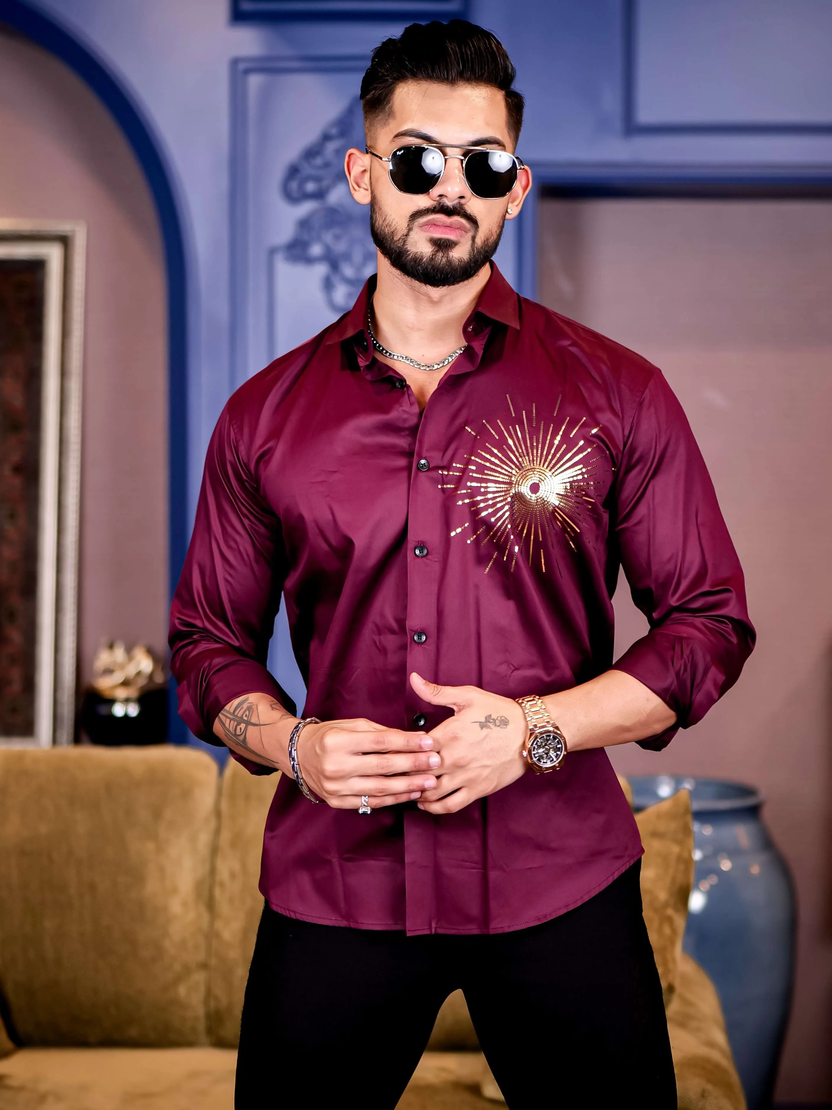 Wine Club Wear Sequence Printed Satin Cotton Shirt