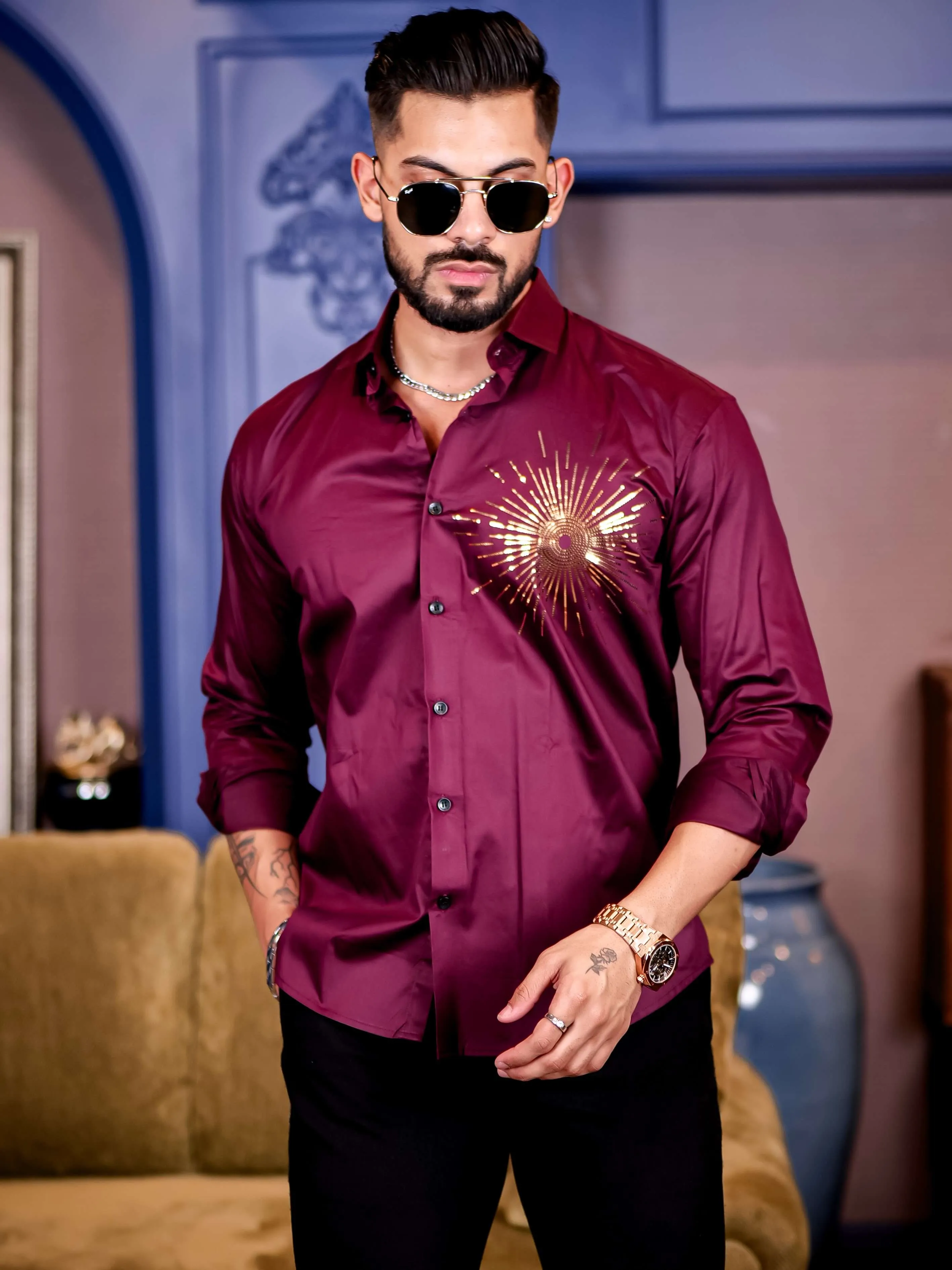 Wine Club Wear Sequence Printed Satin Cotton Shirt