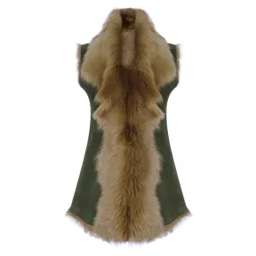 Women's Spanish Shearling Sheepskin Toscana Olive Long Waistcoat Gilet