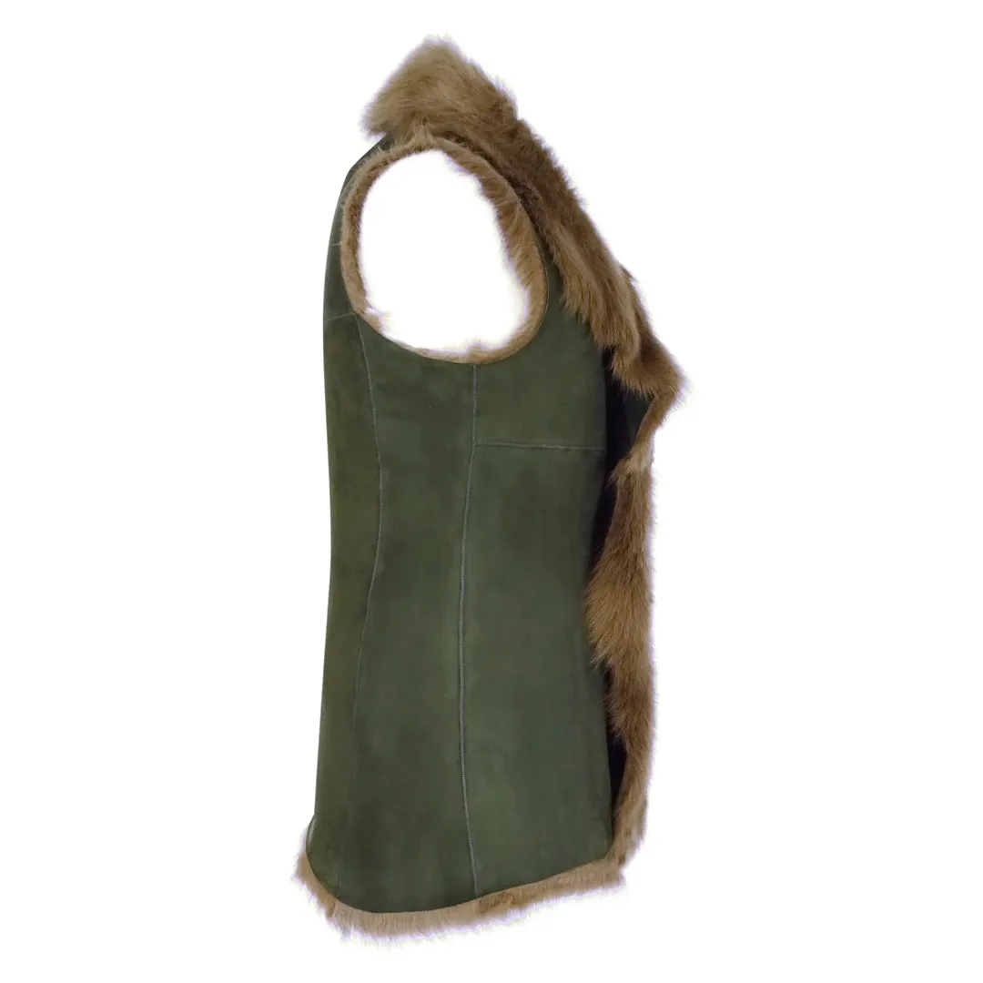 Women's Spanish Shearling Sheepskin Toscana Olive Long Waistcoat Gilet