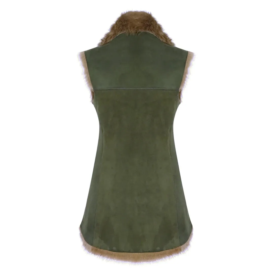 Women's Spanish Shearling Sheepskin Toscana Olive Long Waistcoat Gilet