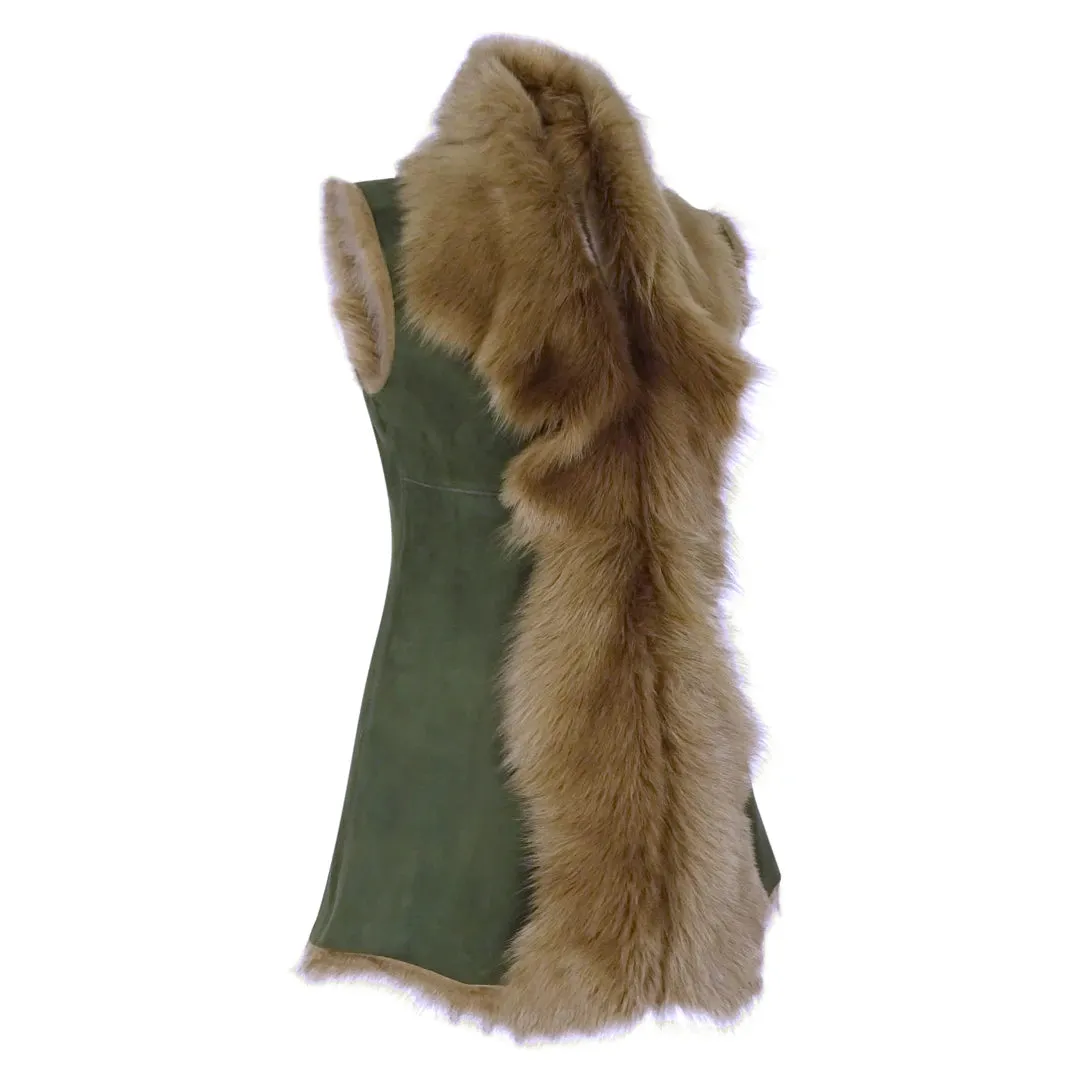 Women's Spanish Shearling Sheepskin Toscana Olive Long Waistcoat Gilet