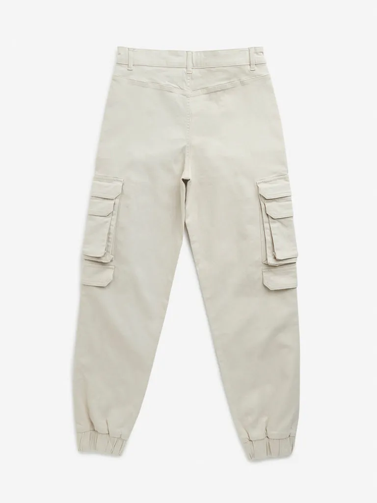 Y&F Kids Beige Cargo-Style Mid-Rise Cotton Blend Joggers